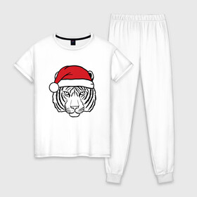 Женская пижама хлопок с принтом Тигр в новогодней шапке. , 100% хлопок | брюки и футболка прямого кроя, без карманов, на брюках мягкая резинка на поясе и по низу штанин | 2022 | happy new year | merry christmas | год тигра | зима близко | нг | новогодний | новогодний тигр | новый год | новый год 2022 | праздник | рождество | символ 2022 года | тигр