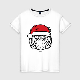 Женская футболка хлопок с принтом Тигр в новогодней шапке. , 100% хлопок | прямой крой, круглый вырез горловины, длина до линии бедер, слегка спущенное плечо | 2022 | happy new year | merry christmas | год тигра | зима близко | нг | новогодний | новогодний тигр | новый год | новый год 2022 | праздник | рождество | символ 2022 года | тигр