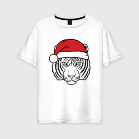 Женская футболка хлопок Oversize с принтом Тигр в новогодней шапке. , 100% хлопок | свободный крой, круглый ворот, спущенный рукав, длина до линии бедер
 | 2022 | happy new year | merry christmas | год тигра | зима близко | нг | новогодний | новогодний тигр | новый год | новый год 2022 | праздник | рождество | символ 2022 года | тигр