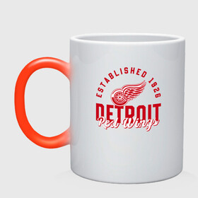 Кружка хамелеон с принтом Detroit Red Wings | Детройт Ред Вингз , керамика | меняет цвет при нагревании, емкость 330 мл | Тематика изображения на принте: detroit | hockey | ice | nhl | red | sport | team | wings | winter | вингз | детройт | красные | крылья | лед | нхл | ред | спорт | хоккеей | шайбу