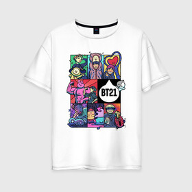 Женская футболка хлопок Oversize с принтом BT21 POP ART , 100% хлопок | свободный крой, круглый ворот, спущенный рукав, длина до линии бедер
 | bangtan | beyond | boys | boysband | bts | hip hop | k pop | korea | music | pop art | scene | бтс | ви | джонгук | корея | музыка | поп арт | сюга | хип хоп | чимин | чин