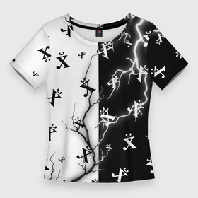 Женская футболка 3D Slim с принтом ПОЙМЕТ ТОЛЬКО РУССКИЙ  Молния ,  |  | древний | знак | иероглиф | мат | молния | паттерн | прикол | приколы | символ | символы | черно белый | юмор