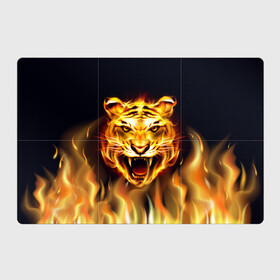 Магнитный плакат 3Х2 с принтом Тигр В Пламени , Полимерный материал с магнитным слоем | 6 деталей размером 9*9 см | Тематика изображения на принте: зверь | огненный тигр | огонь | пламя | рисунок | тигр | хищник