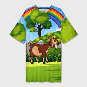 Платье-футболка 3D с принтом Козовод на Лужайке ,  |  | деревня | коза | козовод | природа | радуга | село