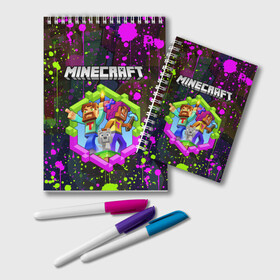 Блокнот с принтом MINECRAFT МАЙНКРАФТ БРЫЗГИ , 100% бумага | 48 листов, плотность листов — 60 г/м2, плотность картонной обложки — 250 г/м2. Листы скреплены удобной пружинной спиралью. Цвет линий — светло-серый
 | block | craft | creeper | cube | dungeons | game | games | logo | mine | minecraft | miner | pixel | zombie | блок | брызги | геометрия | данжен | зомби | игра | игры | крафт | крипер | кубики | лого | логотип | майкрафт | майн | майнкрафт | п