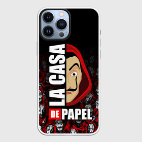 Чехол для iPhone 13 Pro Max с принтом БУМАЖНЫЙ ДОМ   LA CASA DE PAPEL   ЛОГО ,  |  | Тематика изображения на принте: bella ciao | ciao | el profesor | la casa de papel | nairobi | najrobi | netflix | pattern | profesor | resistencia | берлин | бумажный дом | лиссабон | найроби | профессор | сальва | токио | узор