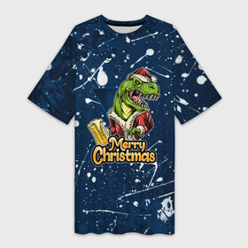 Платье-футболка 3D с принтом Merry Christmas Пивозавр. ,  |  | 2022 | happy new year | merry christmas | год тигра | дино | динозавр | зима близко | нг | новогодний | новый год | новый год 2022 | рождество | снежинки | тигр