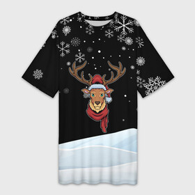 Платье-футболка 3D с принтом Новогодний олень в зимнем шарфе ,  |  | 2022 | happy new year | merry christmas | год тигра | зима близко | нг | новогодний | новый год | новый год 2022 | олень | рождество | символ 2022 года | снег | снежинки