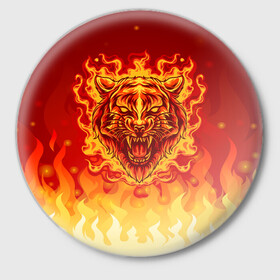 Значок с принтом Огненный тигр в пламени ,  металл | круглая форма, металлическая застежка в виде булавки | огонь | пламя | символ года | тигр | хищник