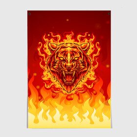 Постер с принтом Огненный тигр в пламени , 100% бумага
 | бумага, плотность 150 мг. Матовая, но за счет высокого коэффициента гладкости имеет небольшой блеск и дает на свету блики, но в отличии от глянцевой бумаги не покрыта лаком | огонь | пламя | символ года | тигр | хищник