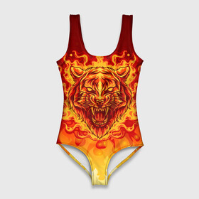 Купальник-боди 3D с принтом Огненный тигр в пламени , 82% полиэстер, 18% эластан | Круглая горловина, круглый вырез на спине | огонь | пламя | символ года | тигр | хищник