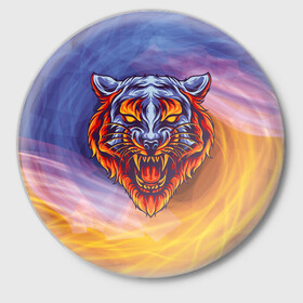 Значок с принтом Тигр в водно-огненной стихии ,  металл | круглая форма, металлическая застежка в виде булавки | вода | огонь | символ года | стихия | тигр | хищник