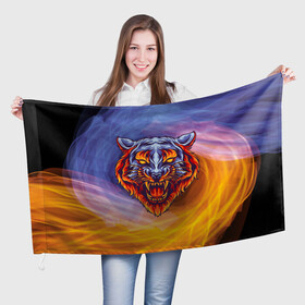 Флаг 3D с принтом Тигр в водно-огненной стихии , 100% полиэстер | плотность ткани — 95 г/м2, размер — 67 х 109 см. Принт наносится с одной стороны | вода | огонь | символ года | стихия | тигр | хищник
