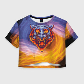 Женская футболка Crop-top 3D с принтом Тигр в водно-огненной стихии , 100% полиэстер | круглая горловина, длина футболки до линии талии, рукава с отворотами | вода | огонь | символ года | стихия | тигр | хищник