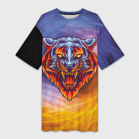 Платье-футболка 3D с принтом Тигр в водно огненной стихии ,  |  | вода | огонь | символ года | стихия | тигр | хищник