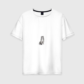 Женская футболка хлопок Oversize с принтом Сидящая белая тигрица , 100% хлопок | свободный крой, круглый ворот, спущенный рукав, длина до линии бедер
 | tiger | tigress | white tiger | белый тигр | символ 2022 | тигр сидит | тигрца