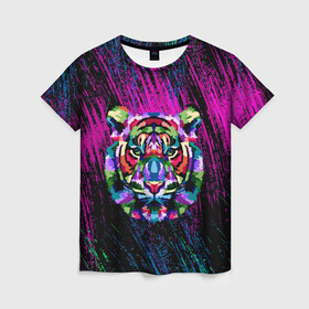 Женская футболка 3D с принтом Тигр Красочный 2022 , 100% полиэфир ( синтетическое хлопкоподобное полотно) | прямой крой, круглый вырез горловины, длина до линии бедер | арт | брызги | голова | грива | кляксы | кошка | краски | неон | тигр | царапины | шерсть