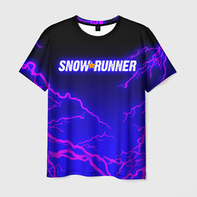 Мужская футболка 3D с принтом SNOWRUNNER СНОУРАННЕР МОЛНИИ , 100% полиэфир | прямой крой, круглый вырез горловины, длина до линии бедер | game | snow runner | snowrunner | грузовик | дальнобойщик | игра | молнии | симулятор | сноу раннер | сноураннер