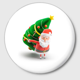Значок с принтом Дед мороз с елкой ,  металл | круглая форма, металлическая застежка в виде булавки | Тематика изображения на принте: веселый дед мороз | дед мороз | елка | новый год | санта клаус
