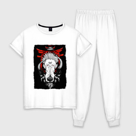 Женская пижама хлопок с принтом ЗАКЛИНАНИЕ ИТАДОРИ, СУКУНА , 100% хлопок | брюки и футболка прямого кроя, без карманов, на брюках мягкая резинка на поясе и по низу штанин | anime | japan | japanese | jujutsu | jujutsu kaisen | kaisen | sukuna | tattoo | аниме | двуликий призрак | иероглифы | инумаки | итадори | итадори юдзи | магическая битва | нобара | панда | рёмен | рёмен сукуна | сатору | сукуна