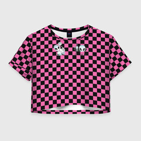 Женская футболка Crop-top 3D с принтом Инопланетянин в черно розовую клетку , 100% полиэстер | круглая горловина, длина футболки до линии талии, рукава с отворотами | егор | егор шип | инопланетянин | клетка | любимый трек | розовый | черно розовая | черный | шип