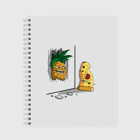 Тетрадь с принтом HERES PINEAPPLE , 100% бумага | 48 листов, плотность листов — 60 г/м2, плотность картонной обложки — 250 г/м2. Листы скреплены сбоку удобной пружинной спиралью. Уголки страниц и обложки скругленные. Цвет линий — светло-серый
 | Тематика изображения на принте: here | is | johnny | mem | meme | memes | pineapple | pizza | shining | ананас | джонни | мем | мемы | пица | пицца | сияние | это