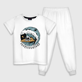 Детская пижама хлопок с принтом Fuerteventura - surfing , 100% хлопок |  брюки и футболка прямого кроя, без карманов, на брюках мягкая резинка на поясе и по низу штанин
 | Тематика изображения на принте: fin | furteventura | hype | shark | skull | summer | surfing | wave | акула | волна | лето | плавник | сёрфинг | фуэртевентура | хайп | череп