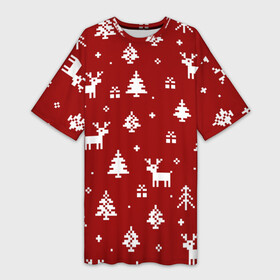 Платье-футболка 3D с принтом Новогодние олени и елки на красном фоне ,  |  | 2021 | 2022 | christmas | merry | merry christmas | new year | snow | sweater | ugly christmas | winter | зима | новогодний | новогодняя | новый год | рождественский | рождественский свитер | рождество | свитер | снег