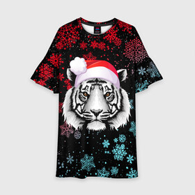 Детское платье 3D с принтом НОВОГОДНИЙ БЕЛЫЙ ТИГР В НЕОНЕ , 100% полиэстер | прямой силуэт, чуть расширенный к низу. Круглая горловина, на рукавах — воланы | 2022 | beast | merry christmas | new year | red bow | santa hat | snow | tiger | winter | winter is coming | year of the tiger | год тигра | дед мороз | животные | звери | зверь | зима | зима 2022 | зима близко | новог | новогодни