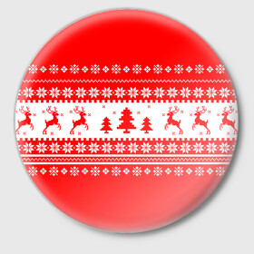 Значок с принтом КРАСНО-БЕЛЫЙ СВИТЕР С ОЛЕНЯМИ ,  металл | круглая форма, металлическая застежка в виде булавки | 2020 | 2021 | 2022 | christmas | merry | белый | красный | леденец | нг | новогодний | новый год | олени | рождество | свитер | узоры