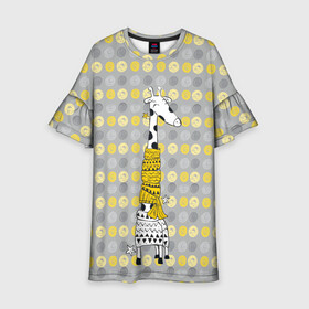 Детское платье 3D с принтом Милая жирафа в шарфе , 100% полиэстер | прямой силуэт, чуть расширенный к низу. Круглая горловина, на рукавах — воланы | высокий | графика | длинная шея | животное | жираф | кружочки