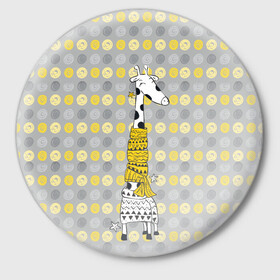 Значок с принтом Милая жирафа в шарфе ,  металл | круглая форма, металлическая застежка в виде булавки | высокий | графика | длинная шея | животное | жираф | кружочки