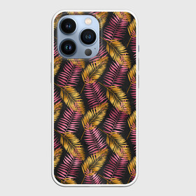 Чехол для iPhone 13 Pro с принтом Тропические листья pink ,  |  | Тематика изображения на принте: африка | листья | паттерн | тропики | цветы