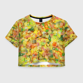Женская футболка Crop-top 3D с принтом Оливье , 100% полиэстер | круглая горловина, длина футболки до линии талии, рукава с отворотами | вкусняшка | еда | новогодние салатики | новый год | оливье | оливьешечка | оливьешка | салат | салатики | фон