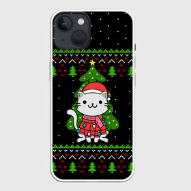 Чехол для iPhone 13 с принтом КОТЁНОК И ЁЛОЧКА | НОВОГОДНЯЯ ,  |  | 2020 | 2021 | 2022 | cat | cats | christmas | merry | гирлянды | кот | леденец | мяу | нг | новогодний | новый год | олени | рождество | свитер | узоры