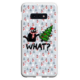 Чехол для Samsung S10E с принтом WHAT CAT | CHRISTMAS , Силикон | Область печати: задняя сторона чехла, без боковых панелей | 2020 | 2021 | 2022 | cat | cats | christmas | merry | what | ват | кот | леденец | мяу | нг | новогодний | новый год | олени | рождество | свитер | узоры