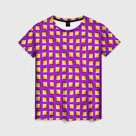 Женская футболка 3D с принтом Фиолетовый Фон с Желтыми Квадратами (Иллюзия Движения) , 100% полиэфир ( синтетическое хлопкоподобное полотно) | прямой крой, круглый вырез горловины, длина до линии бедер | абстракция | аум | галлюцинация | зазеркалье | игра ума | иллюзии | индиго | майя | мантра | медитация | мираж | неон | нирвана | обман зрения | ом | оптические иллюзии | просветление | психоделика