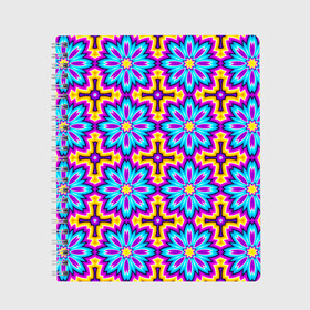Тетрадь с принтом Синие цветы на желтом фоне (иллюзия расширения) , 100% бумага | 48 листов, плотность листов — 60 г/м2, плотность картонной обложки — 250 г/м2. Листы скреплены сбоку удобной пружинной спиралью. Уголки страниц и обложки скругленные. Цвет линий — светло-серый
 | абстракция | аум | галлюцинация | зазеркалье | игра ума | иллюзии | индиго | майя | мантра | медитация | мираж | неон | нирвана | обман зрения | ом | оптические иллюзии | просветление | психоделика