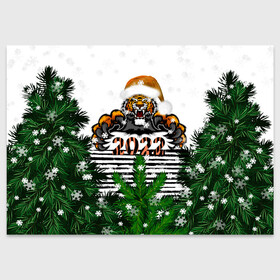 Поздравительная открытка с принтом Новогодний Тигр Среди Елок , 100% бумага | плотность бумаги 280 г/м2, матовая, на обратной стороне линовка и место для марки
 | 2022 | black | cat | christmas | merry | new year | tiger | xmas | водяной | год тигра | елка | животные | кот | кошки | новый год | паттерн | полосатый | рождество | снег | снежинки | сосна | тигры | узор | цветы | черный