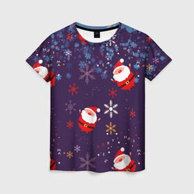 Женская футболка 3D с принтом Дед Мороз в снежинках , 100% полиэфир ( синтетическое хлопкоподобное полотно) | прямой крой, круглый вырез горловины, длина до линии бедер | 2021 | happy new year 2022 | дед мороз | новый год | новый год 2022 | праздник | санта | снежинки