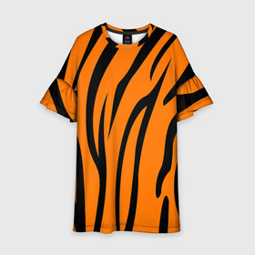 Детское платье 3D с принтом Текстура тигра/tiger , 100% полиэстер | прямой силуэт, чуть расширенный к низу. Круглая горловина, на рукавах — воланы | tiger | кошка | оранжевый черный | символ 22 года | текстура | тигр