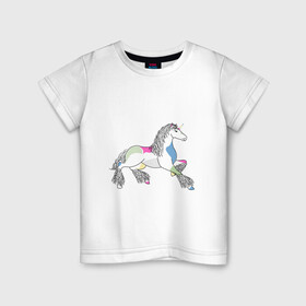 Детская футболка хлопок с принтом Разноцветный единорог на светлом , 100% хлопок | круглый вырез горловины, полуприлегающий силуэт, длина до линии бедер | Тематика изображения на принте: волшебство | единорог | животное | животные | звери | зверь | конь | лошадь | магия | сказка | фауна