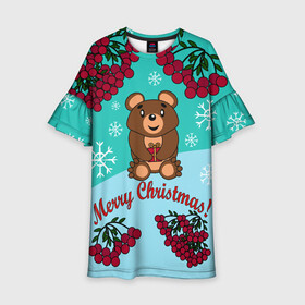 Детское платье 3D с принтом Мишка и рождество , 100% полиэстер | прямой силуэт, чуть расширенный к низу. Круглая горловина, на рукавах — воланы | 2022 | merry christmas | ветки | год тигра | детский | животные | зима | зимний | лес | медведь | мишка | мультяшный | новогодний | новый год | подарок | праздничный | рождество | рябина | снег | снегопад