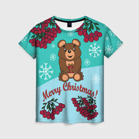 Женская футболка 3D с принтом Мишка и рождество , 100% полиэфир ( синтетическое хлопкоподобное полотно) | прямой крой, круглый вырез горловины, длина до линии бедер | 2022 | merry christmas | ветки | год тигра | детский | животные | зима | зимний | лес | медведь | мишка | мультяшный | новогодний | новый год | подарок | праздничный | рождество | рябина | снег | снегопад