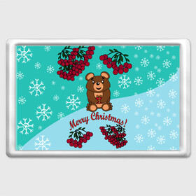 Магнит 45*70 с принтом Мишка и рождество , Пластик | Размер: 78*52 мм; Размер печати: 70*45 | 2022 | merry christmas | ветки | год тигра | детский | животные | зима | зимний | лес | медведь | мишка | мультяшный | новогодний | новый год | подарок | праздничный | рождество | рябина | снег | снегопад