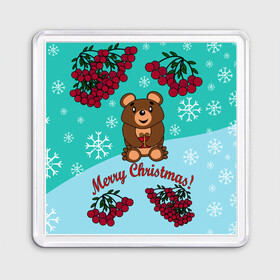 Магнит 55*55 с принтом Мишка и рождество , Пластик | Размер: 65*65 мм; Размер печати: 55*55 мм | 2022 | merry christmas | ветки | год тигра | детский | животные | зима | зимний | лес | медведь | мишка | мультяшный | новогодний | новый год | подарок | праздничный | рождество | рябина | снег | снегопад
