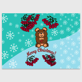 Поздравительная открытка с принтом Мишка и рождество , 100% бумага | плотность бумаги 280 г/м2, матовая, на обратной стороне линовка и место для марки
 | Тематика изображения на принте: 2022 | merry christmas | ветки | год тигра | детский | животные | зима | зимний | лес | медведь | мишка | мультяшный | новогодний | новый год | подарок | праздничный | рождество | рябина | снег | снегопад
