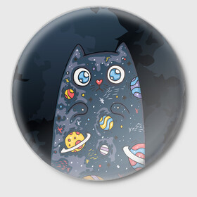 Значок с принтом Космический кот в планетах ,  металл | круглая форма, металлическая застежка в виде булавки | животное | космический | космос | кот | кот марсианин | планеты