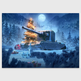 Поздравительная открытка с принтом World of Tanks Christmas , 100% бумага | плотность бумаги 280 г/м2, матовая, на обратной стороне линовка и место для марки
 | art | christmas | gifts | moon | new year | night | snow | tank | tree | winter | world of tanks | арт | елка | зима | луна | новый год | ночь | подарки | рождество | снег | танк