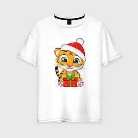 Женская футболка хлопок Oversize с принтом Маленький тигренок 2022 с подарком , 100% хлопок | свободный крой, круглый ворот, спущенный рукав, длина до линии бедер
 | 2022 | год тигра | новый год | новый год 2022 | символ года | тигр | тигренок | тигрица | тигры